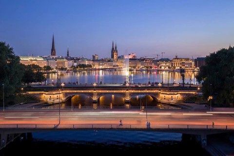 Aerial view of the Outer Alster and Inner Alster with Kennedy Bridge, Alster Fountain,