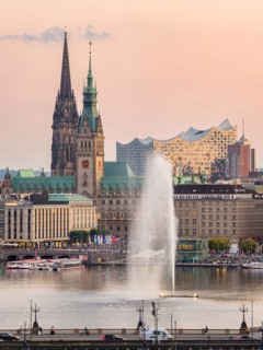 Aerial view of the Inner Alster with Kennedy Bridge, Alster Fountain, Jungfernstieg, City Hall and