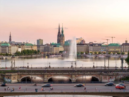 Aerial view of the Outer Alster and Inner Alster with Kennedy Bridge, Alster Fountain,