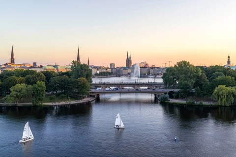Aerial view of the Outer Alster and Inner Alster with sailing ships, Kennedy Bridge, Alster