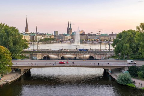 Aerial view of the Outer Alster and Inner Alster with Kennedy Bridge, Alster Fountain,