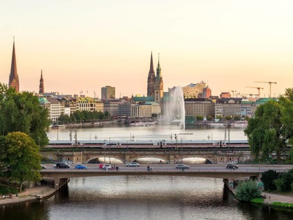 Aerial view of the Outer Alster and Inner Alster with Kennedy Bridge, Alster Fountain,