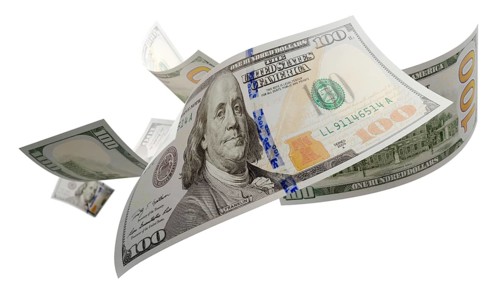 Randomly falling U.S. 100 dollar bills isolated on a white background