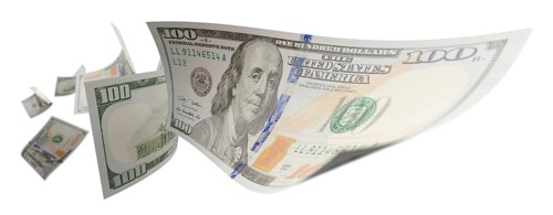 Randomly falling U.S. 100 dollar bills isolated on a white background