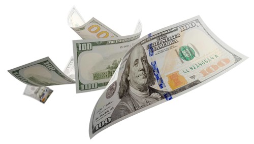 Randomly falling U.S. 100 dollar bills isolated on a white background