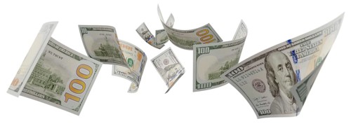 Randomly falling U.S. 100 dollar bills isolated on a white background