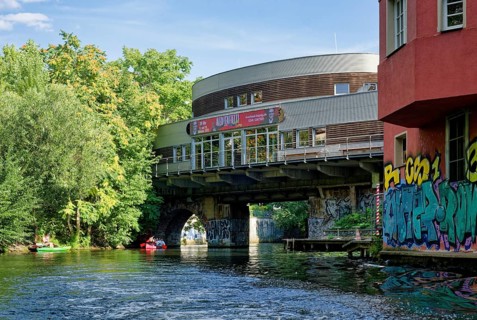 Former Riverboat Leipzig, today Kulturhafen Riverboat, event venue on an old railway bridge over