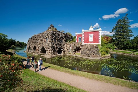 Stein Island with the artificial volcano Vesuvius and Villa Hamilton, Wörlitz Park, Wörlitz
