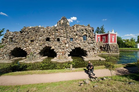Stein Island with the artificial volcano Vesuvius and Villa Hamilton, Wörlitz Park, Wörlitz