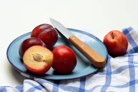 Red plums on plate with kitchen knife, Prunus domestica
