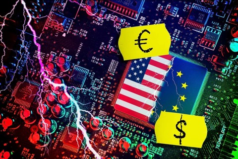 Computer chip with US and EU flags with price labels, symbolic photo Dispute over European digital