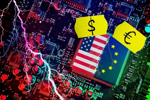 Computer chip with US and EU flags with price labels, symbolic photo Dispute over European digital