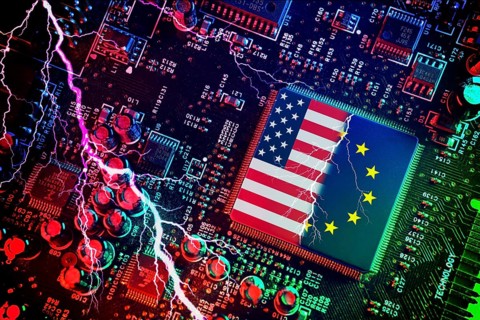 Computer chip with US and EU flags with lightning bolt, symbolic photo Dispute over European