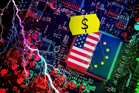 Computer chip with US and EU flags with price label and dollar sign, symbolic photo Dispute over