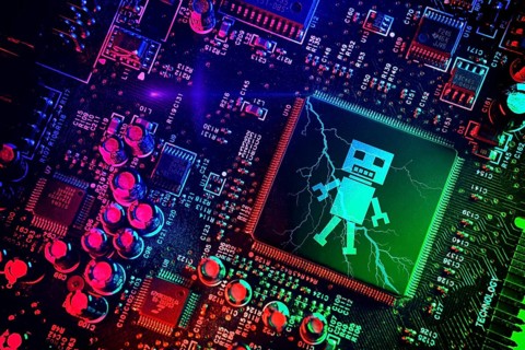 Computer chip with robot figure, symbolic photo of artificial intelligence, photomontage