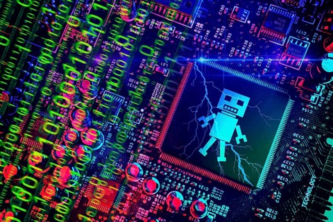 Computer chip with robot figure, symbolic photo of artificial intelligence, photomontage