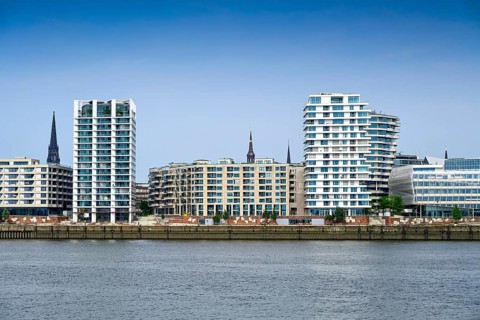 Modern residential building on Strandkai in the harbour city of Hamburg, Germany