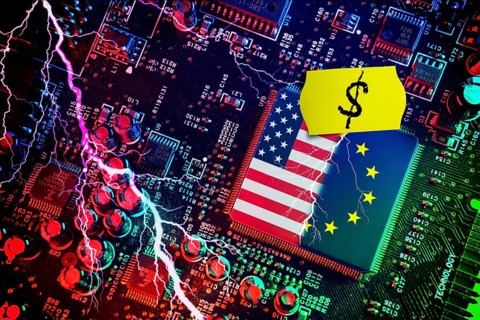 Computer chip with US and EU flags with price label and dollar sign, symbolic photo Dispute over