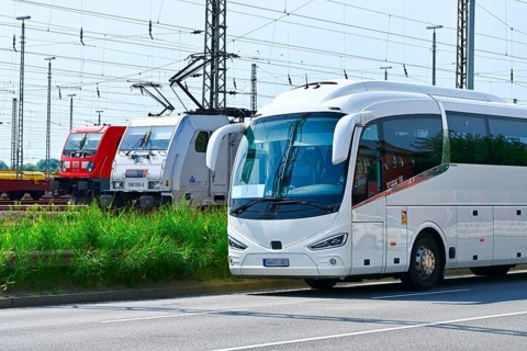 Goods trains and coach in the harbour area of Hamburg, Germany