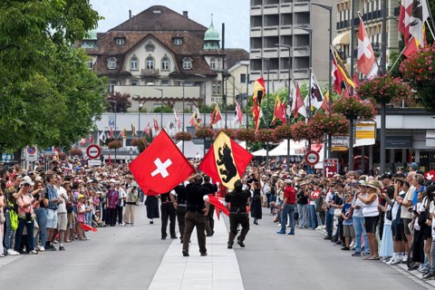 Swiss and Bernese flag wavers, Interlaken, Switzerland
