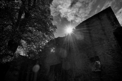 Tor tor and kennel of the castle ruins of Hofen Castle, Mühlhausen am Neckar district, backlight,