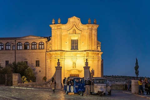 Church and Convent of St Agostino Chiesa e Convento di Sant'Agostino at dusk, Matera, Basilicata,