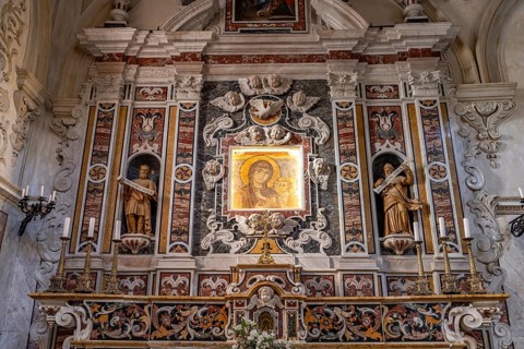 Altar with the fresco of the Madonna della Bruna in Matera Cathedral, Basilicata, Italy