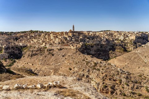City view with the Sassi cave settlements and the cathedral of Matera, Basilicata, Italy
