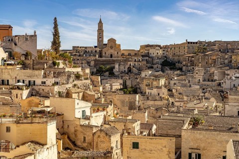 City view with the Sassi cave settlements and the cathedral of Matera, Basilicata, Italy