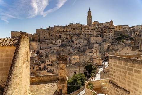 City view with the Sassi cave settlements and the cathedral of Matera, Basilicata, Italy