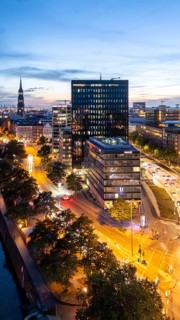 Aerial view of Hamburg's warehouse district during the blue hour with a view of the Zollkanal,