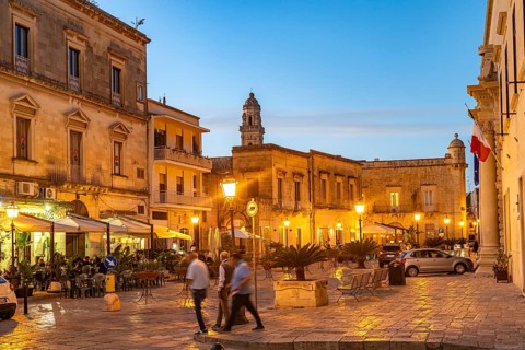 Dusk in Piazza Aldo Moro in the historic centre of Maglie, Apulia, Italy
