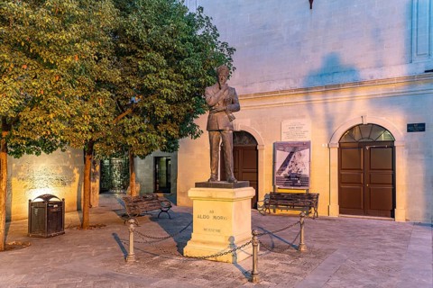 Monument to the politician Aldo Moro at dusk, Maglie, Apulia, Italy