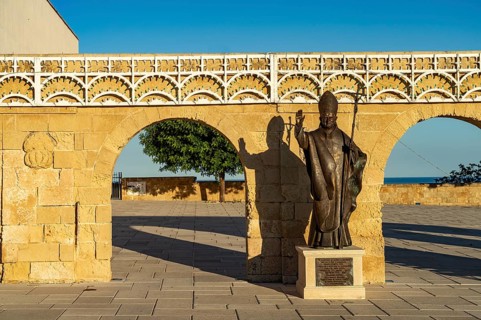 Statue of Pope Benedict XVI at the Basilica of Santa Maria de Finibus Terrae in Santa Maria di