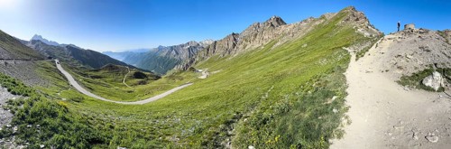 Panoramic view to the left south ramp of the third highest asphalted pass in the Alps highest