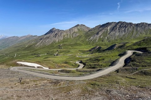 View of northern ramp northern ascent to descent from third highest asphalted pass Alpine pass