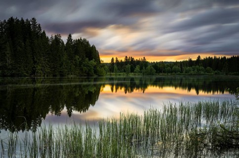 The lake Windgfällweiher at sunset, long exposure, Black Forest, municipality Lenzkirch,