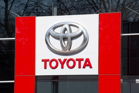 Toyota logo on a car dealership of the Japanese car brand Toyota, Bremen, Germany