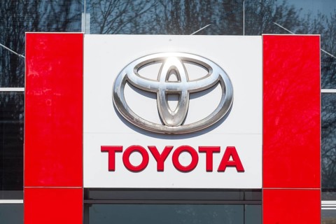 Toyota logo on a car dealership of the Japanese car brand Toyota, Bremen, Germany