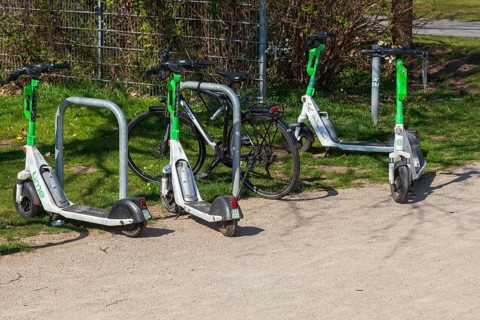 E-scooters parked at a bicycle stand, Germany