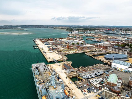 Portsmouth Harbour over Spinnaker Tower from a drone, Portsmouth, Gosport, England, United Kingdom