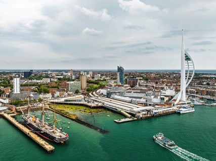 Portsmouth Harbour over Spinnaker Tower from a drone, Portsmouth, Gosport, EnglandDefault