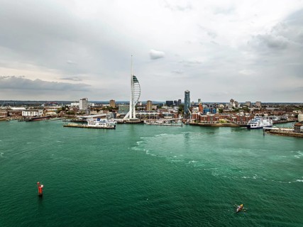 Portsmouth Harbour over Spinnaker Tower from a drone, Portsmouth, Gosport, England, United Kingdom