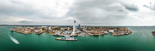 Panorama of Portsmouth Harbour over Spinnaker Tower from a drone, Portsmouth, Gosport, England,