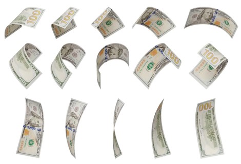 Build your own set - randomly falling collection of U.S. 100 dollar bills isolated on a white