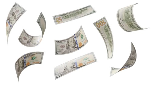 Build your own 3 (of 3) - randomly falling collection of U.S. 100 dollar bills isolated on a white