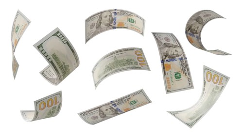 Build your own 2 (of 3) - randomly falling collection of U.S. 100 dollar bills isolated on a white