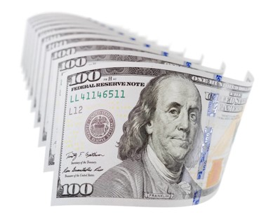 Abstract set of U.S. 100 dollar bills isolated on a white background
