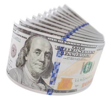 Abstract set of U.S. 100 dollar bills isolated on a white background