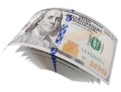 Abstract set of U.S. 100 dollar bills isolated on a white background